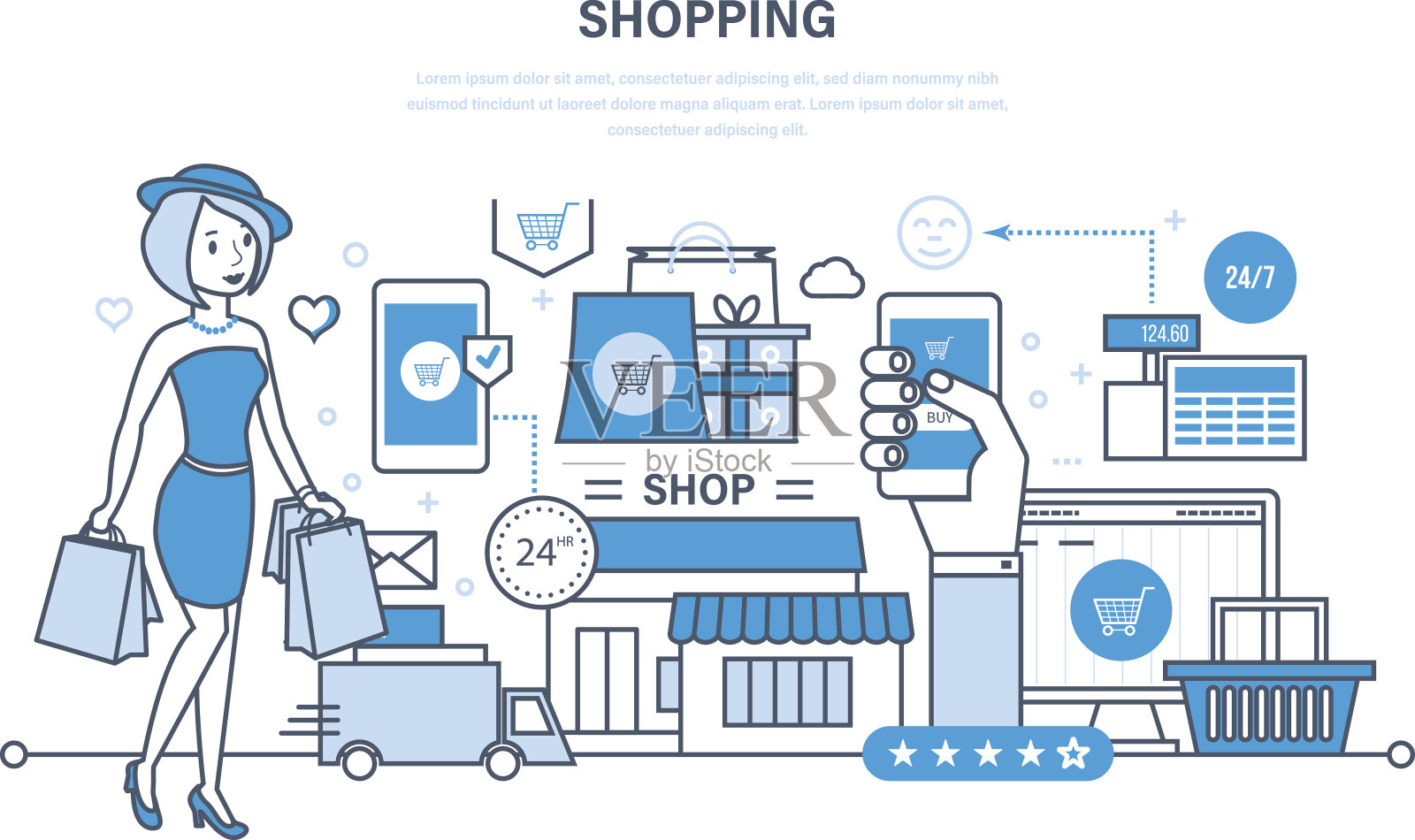 現代購物、網上訂購產品系統,安全支付、送貨插畫圖片素材